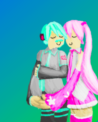 Hatsune Miko (seagreen short hair, gray shirt, seagreen tie,) stands pregnant next to sakura miku (pink hair, hot pink tie, hot pink miniskirt, hot pink stockings). the background is a gradient of blue to green